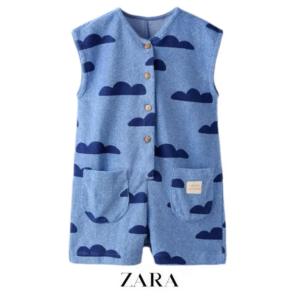 ZARA Boys Blue Cloud Print Terry Jumpsuit NWT Size 6